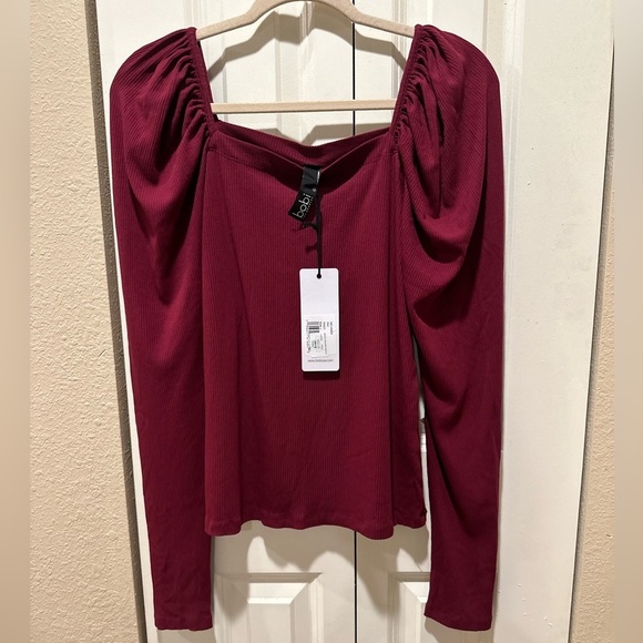 NWT Bobi Los Angeles Ribbed Square Neck Top in Pinot Ruched Sleeve, Large - Picture 1 of 7